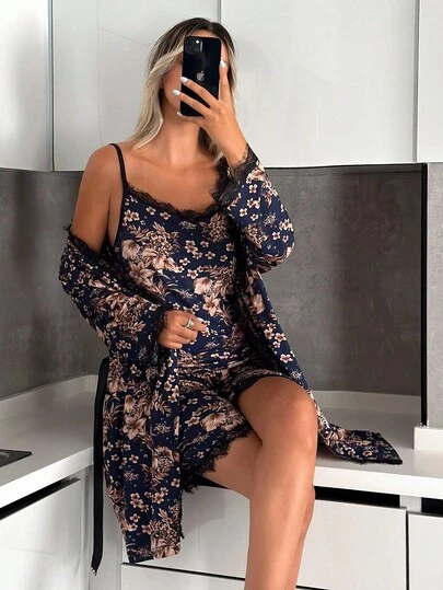 EURMUSE Women 3 Pcs Contrast Colour Lace Detail FLORAL Patterned Top&Shorts&Robe Homewear Set