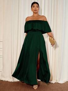 Cravure 加大码长款伴娘礼服，收腰，侧开衩，露肩，荷叶边下摆，优雅适合舞会、主持、表演 - 墨綠色 - 查看 1