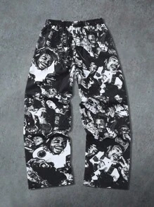 ROMWE MEN Street Life Herren Lässig Hose mit Slogan Aufdruck, geeignet für Frühling/Sommer - Schwarz - Übersicht 2