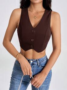 SHEIN PETITE Summer Tank TopsSolid Button Front Crop Waistcoat Chocolate Brown Top In Fall/Winter