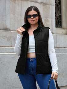 EURMUSE Chaqueta acolchada para mujer de talla grande sin mangas con cierre de cremallera - Negro - Ver 5