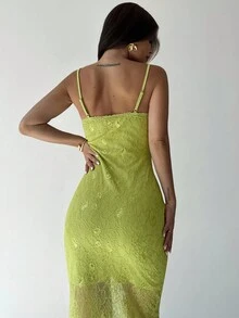 Firerie 女士休闲绿色蕾丝提花蝴蝶结连衣裙/蕾丝连衣裙/秋季女装/秋冬打底装/校服/露肩/约会夜装/浪漫约会/派对装/节日装 - 綠色 - 查看 5