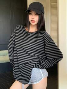 DAZY Loose Striped Color-Block Panel Long Sleeve Long Tee For Women Preppy Tops,Fall Women Clothes - Grey - View 8