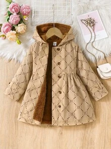 Elladie kids Young Girl Khaki Bow Print Thermal Lined Hooded Double-Breasted Fashion Coat, Suitable For Casual Daily Wear Fall Winter - Multicolor - View 8