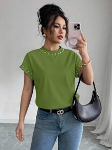 Elenzga Women's Black Round Neck Short Sleeve T-Shirt With Bubble Pearls - Green - View 1