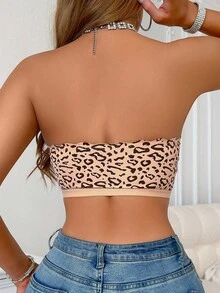 SHEIN Front Closure Leopard Print Bandeau Bra For Women, Cheetah Print Top - Coral Orange - View 2