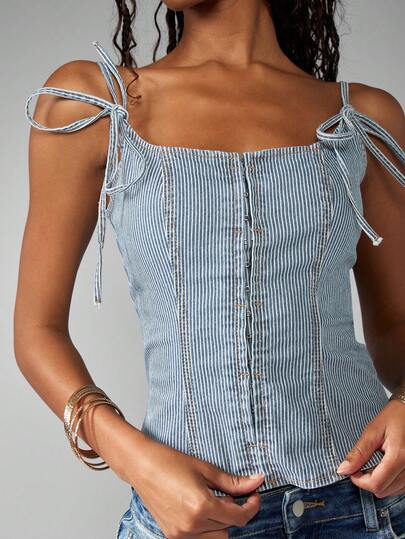 MISSGUIDED 复古风牛仔紧身胸衣背心，带钩眼扣细节系带肩带，后背褶饰，春夏节日休闲无袖