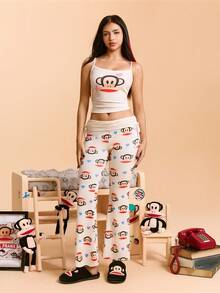 Paul Frank X SHEIN Bộ đồ ngủ gồm áo hai dây họa tiết hoạt hình và quần dài cho nữ - Màu be - Xem 3