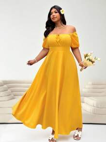 Solflare 加大码女式黄色短袖休闲系带前腰收腰优雅度假装女士休闲婚礼宾客礼服，春夏季，太阳裙，毕业礼服，节日，生日礼服 - 黃色 - 查看 6