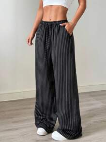 SHEIN EZwear 女款休閒條紋寬腿褲，適合日常穿著，低腰，返校季，秋冬百搭褲 - 彩色 - 查看 4