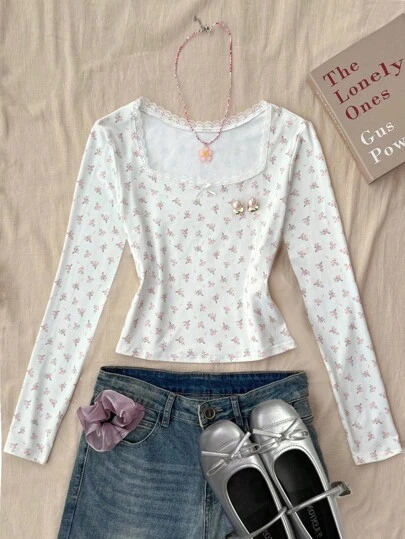 Tween Girls Lace Bow Tight Fit Long Sleeve T-Shirt, Comfortable For Autumn/Winter, Party, Street, Back To School,Spring/Autumn/Christmas,Holiday/Famliy Day/Happy New Year Cute Tops Teen Girl Cute Cheap Clothes Teen Girls Summer Long Sleeve Shirts Long Sleeve Tops For Girls Cute Teen Girl Clothes Top