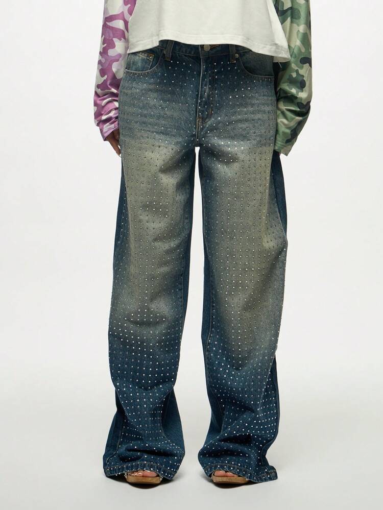 SUMWON WOMEN Crystal Studded Wide Leg Denim Jeans With Gradient Wash