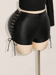 SHEIN ICON Shorts mini sexy negro de talle bajo con lazo lateral, adecuado para fiestas y reuniones, talla grande Y2K