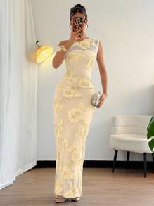 Rafferiza 3D 花卉装饰性感紧身不对称领口度假风格束腰修身连衣裙 - 杏色 - 查看 5