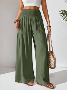 EMERY ROSE Quần ống rộng ống rộng có dây rút eo màu trơn dành cho nữ - xanh quân đội - Xem 5