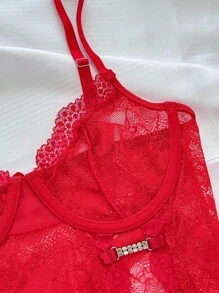 女士性感內衣套裝（鋼托吊帶裙、丁字褲）情人節版 - 紅色 - 查看 7