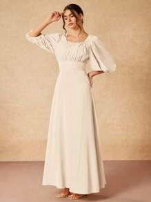 Gabriela Silveira 纯色方领泡泡袖短袖垂坠优雅长裙 - 白色 - 查看 4