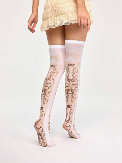Grunge Punk Lolita Cross & Bow Print Over-The-Knee Socks, Fashionable Party/Gathering Socks For Girls, Summer