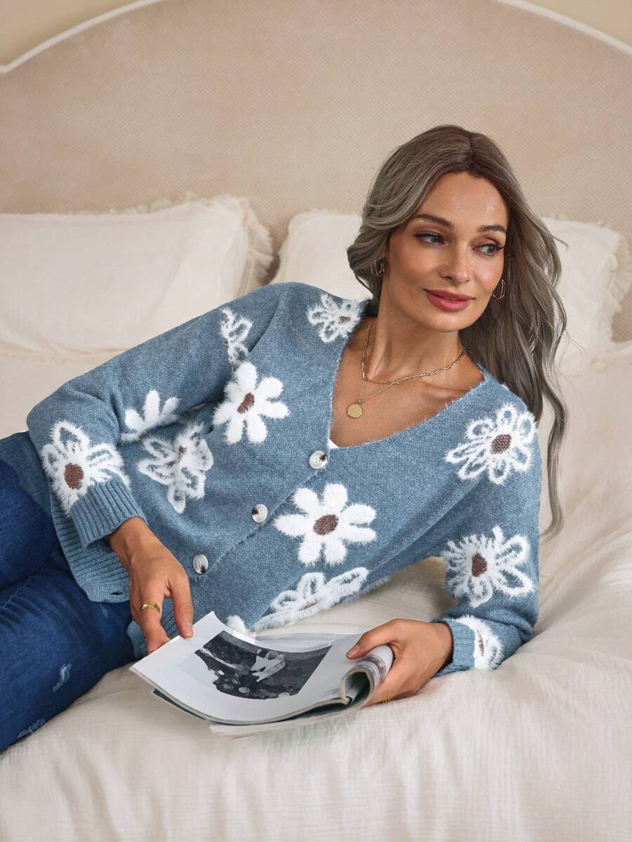 Louniche Chaqueta de punto con botones con estampado floral, Top de manga larga - Azul - Ver 1