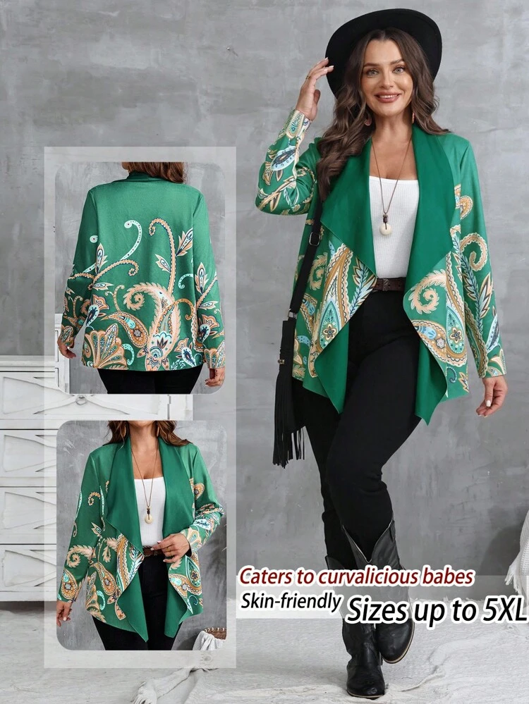 Plus Size Women Casual Printed Open Front Long Sleeve Jacket,Fall,Teacher,Going Out,Business Casual