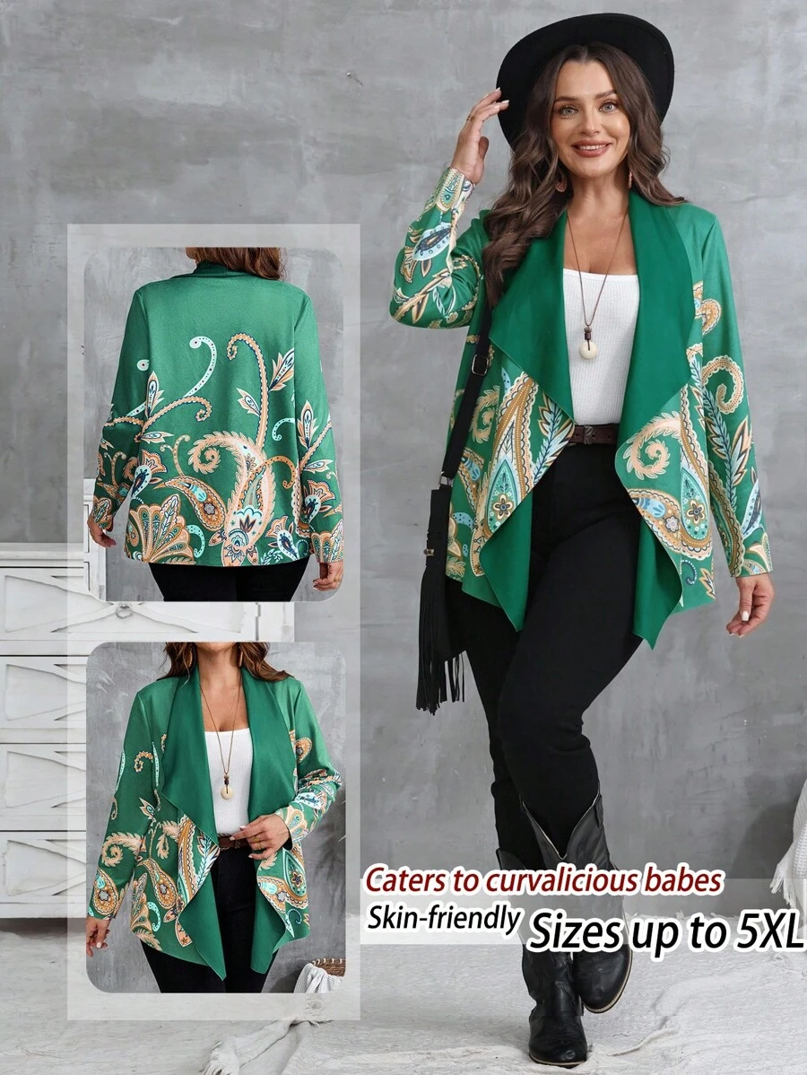 EMERY ROSE Áo khoác tay dài hở trước in họa tiết thường ngày cỡ lớn dành cho nữ - màu xanh lá - Xem 1