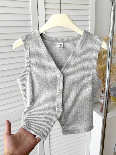 SHEIN Camiseta de punto gris claro corta con cuello en V para niñas preadolescentes, parte superior de punto acanalada, suéter para preadolescentes, parte superior de punto acanalada para preadolescentes, parte superior gris