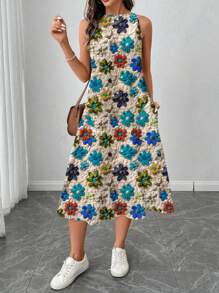 SHEIN LUNE Đầm nữ dáng lửng cổ tròn họa tiết hoa, thích hợp cho mùa xuân/hè, đầm thường ngày cho nữ, đầm thanh lịch in hoa, đầm midi in hoa, đầm in họa tiết hoa, quần áo nữ, đầm mùa thu cho nữ, đầm thường ngày. - Nhiều màu - Xem 6