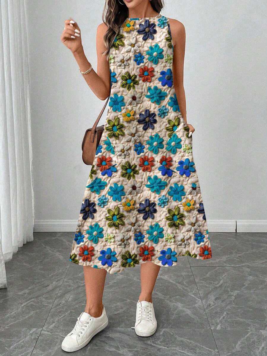 SHEIN LUNE Đầm nữ dáng lửng cổ tròn họa tiết hoa, thích hợp cho mùa xuân/hè, đầm thường ngày cho nữ, đầm thanh lịch in hoa, đầm midi in hoa, đầm in họa tiết hoa, quần áo nữ, đầm mùa thu cho nữ, đầm thường ngày. - Nhiều màu - Xem 1
