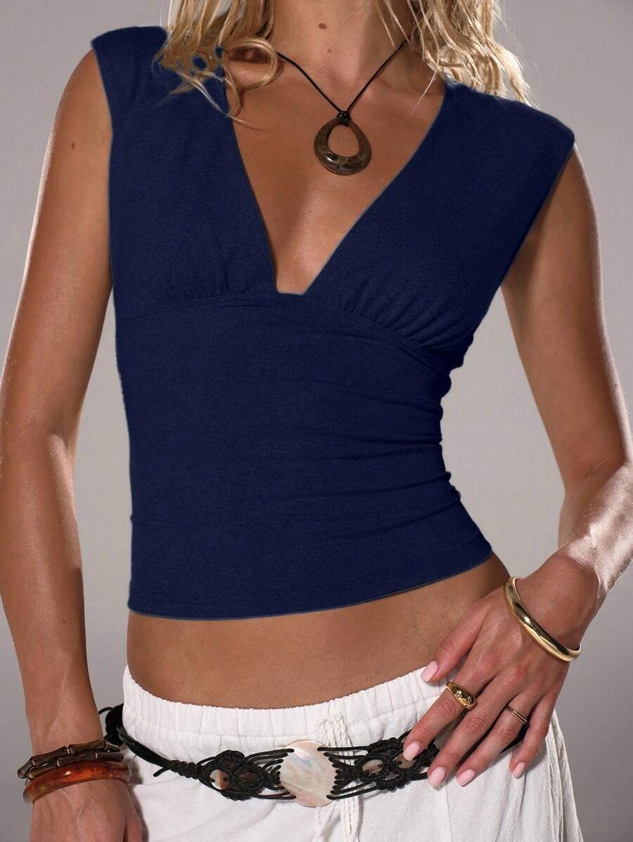 TRNVIE Women's Deep V-Neck Tight Casual Versatile Top, Spring/Summer - Navy Blue - View 1