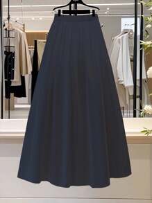 Franclia 女士纯色优雅A字百褶裙，适合通勤，搭配大学校园全白服装。 - 寶藍色 - 查看 2