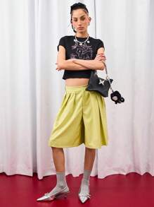 COUREZ Low Waist Longline Pleated Shorts /Y2K Fall Women Clothes Fall Clothes Casual Cute Elegant Vacaction  Autumn Back To School