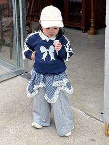 DAZY Baby Girls' Casual Bow & Striped Long Sleeve Sweatshirt, Korean Style, Spring/Autumn - Blue - View 3