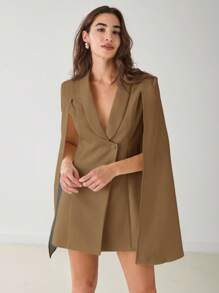 Enchnt Women's Fashionable Elegant Elegant Solid Color Shawl Neck Cape Sleeve Blazer Dress In Fall/Winter - Brown - View 4