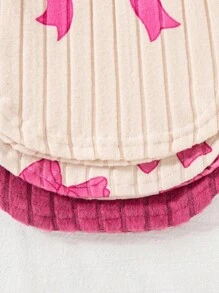 SHEIN Playful Pals 6件套可爱女婴春秋罗纹面料蝴蝶结印花/蝴蝶结印花/纯紫红色长袖弧形下摆T恤和修身裤休闲时尚装 - 彩色 - 查看 8