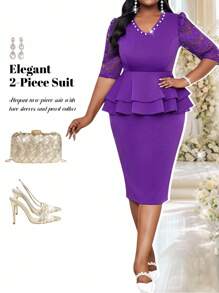 Fleurora Bộ đồ công sở thanh lịch màu tím navy dệt dài tay ngắn cỡ lớn phối đồ mùa hè cho nữ Bộ đồ công sở cho nữ Bộ đồ hai mảnh đi nghỉ mát Bộ đồ mùa hè cho nữ Bộ đồ công sở cho nữ, Bộ đồ mùa hè 2 mảnh Tay áo ren và cổ ngọc trai Bộ đồ hai mảnh thanh lịch Váy dạ hội dự tiệc cưới Váy thanh lịch cho khách dự tiệc cưới - Màu tím - Xem 1