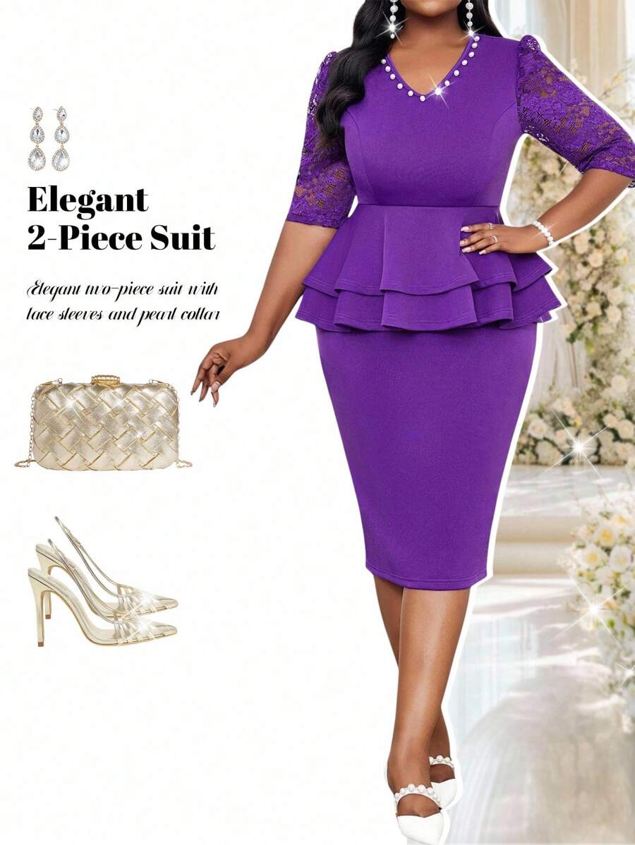 Fleurora Bộ đồ công sở thanh lịch màu tím navy dệt dài tay ngắn cỡ lớn phối đồ mùa hè cho nữ Bộ đồ công sở cho nữ Bộ đồ hai mảnh đi nghỉ mát Bộ đồ mùa hè cho nữ Bộ đồ công sở cho nữ, Bộ đồ mùa hè 2 mảnh Tay áo ren và cổ ngọc trai Bộ đồ hai mảnh thanh lịch Váy dạ hội dự tiệc cưới Váy thanh lịch cho khách dự tiệc cưới - Màu tím - Xem 1