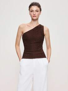 BizChic 2025 Novo Outono/Inverno Top Feminina de Tricô Texturizado com Ombro Assimétrico e Corte Assimétrico na Cor Marrom Café, Moderno e Elegante, Casual Urbano para Escritório, Adequado para Encontros, Festas, Passeios, Aeroportos, Concertos de Música Country Romântica, Estilo Coreano, Casamento, Aniversário, Halloween, Natal - Castanho - Visão 5