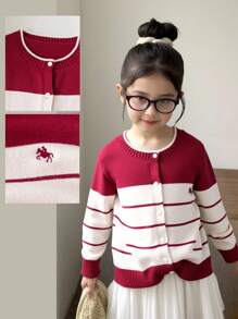 女童青少年条纹针织开衫，长袖，适合春秋季 - 彩色 - 查看 8