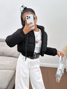 SHEIN 青少年女孩黑色短款连帽绗缝休闲街头时尚厚夹克夹棉外套，秋冬 - 黑色 - 查看 4