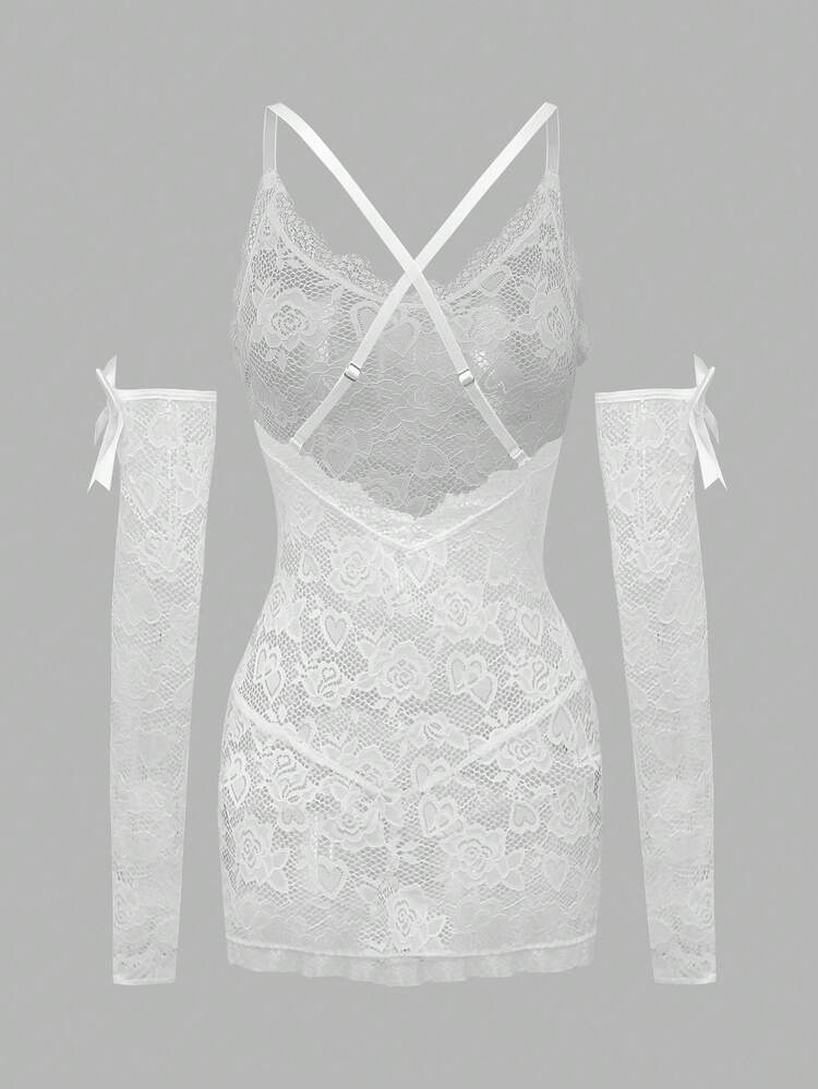 4 件套婚礼季节蕾丝睡袍娃娃装 + 丁字裤 + 蝴蝶结装饰手套蝴蝶结 - 白色 - 查看 6