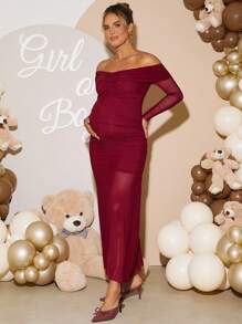 Loomaby 孕妇纯色褶饰露肩长袖鱼尾下摆修身优雅连衣裙 - 酒紅色 - 查看 6