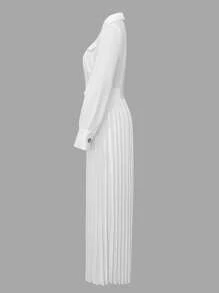 INAWLY 女式白色领扣装饰长袖褶腰连体裤 - 白色 - 查看 4