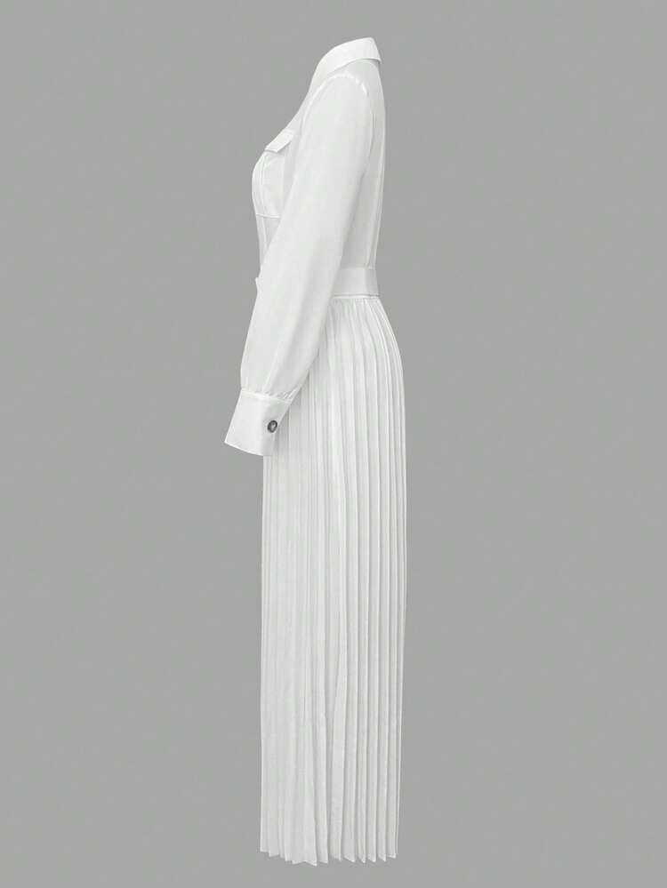 INAWLY 女式白色领扣装饰长袖褶腰连体裤 - 白色 - 查看 4