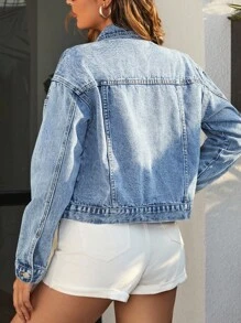 EMERY ROSE 大码女式长袖单排扣休闲宽松牛仔夹克 - 藍色 - 查看 2