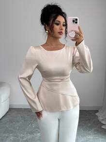 Elenzga Blusa elegante feminina de cetim com cintura marcada e manga comprida e gola redonda - Damasco - Ver 5