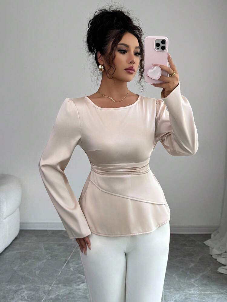 Elenzga 缎面腰部收紧长袖女士圆领优雅衬衫 - 杏色 - 查看 5