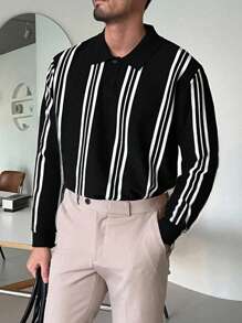 DAZY Herren Schwarz-Weiß gestreifter Langarm Pullover mit Kragen, Herbst