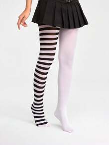 ROMWE Grunge Punk 1 Pair Goth Rock AB Striped And Solid Color Pantyhose, Halloween - Black and White - View 4