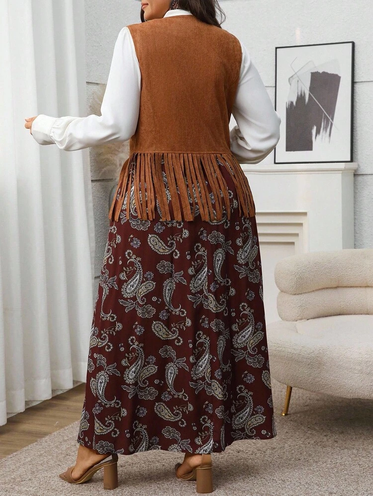 Conjunto de 2 piezas de talla grande con chaleco casual de vacaciones con dobladillo con flecos y falda con estampado de flores de anacardo