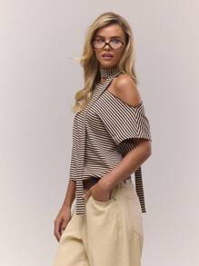 MUSERA 不对称肩部宽松条纹围巾细节不对称修身上衣复古可爱乡村小屋风干净女孩休闲奶油黄奶油糖色优雅春夏假日 - 彩色 - 查看 2